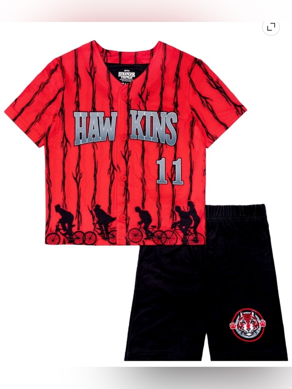 NWT Stranger Things Boys L 10/12 Hawkins 11 Pajama Set Red Black Shorts